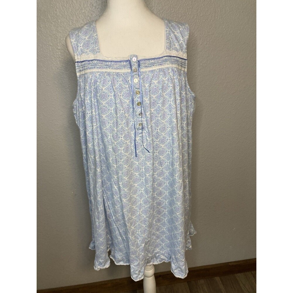 Eileen West Babydoll Lace Trim Nightgown XL Blue Ballet Sleeveless Cotton EUC